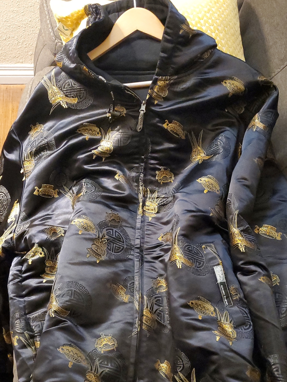 Black Satin Bomber Jacket with Gold Embroidered Motifs